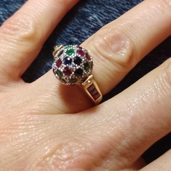 Chuck Clemency 14k YG Ruby Emerald Sapphire Spinning Ball Ring - Picture 6 of 6